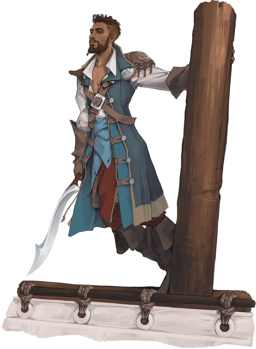 A human Oath of the Open Sea paladin stands atop a ship’s mast