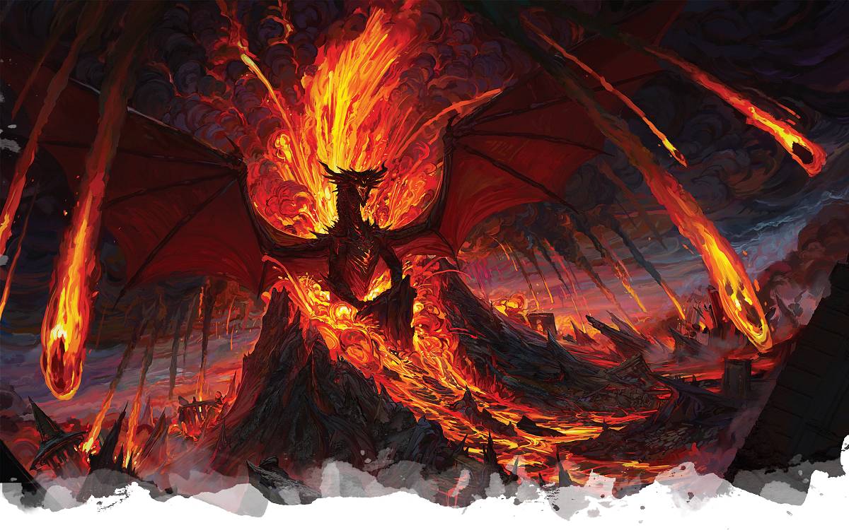 A gargantuan red dragon rises out of a volcano as it erupts