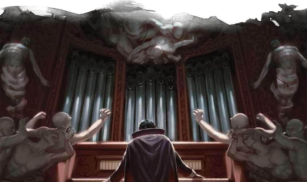 Strahd performing on an organ while zombies crawl towards him