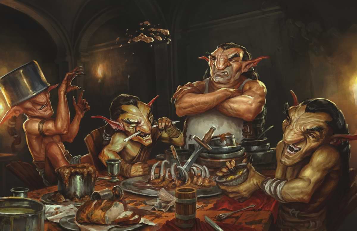 Goblins play and eat at a banquet table.