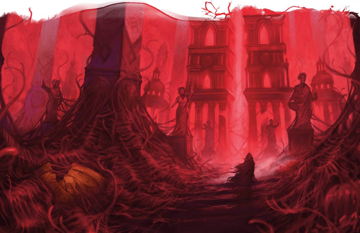 A red-tinged landscape with a ruined city