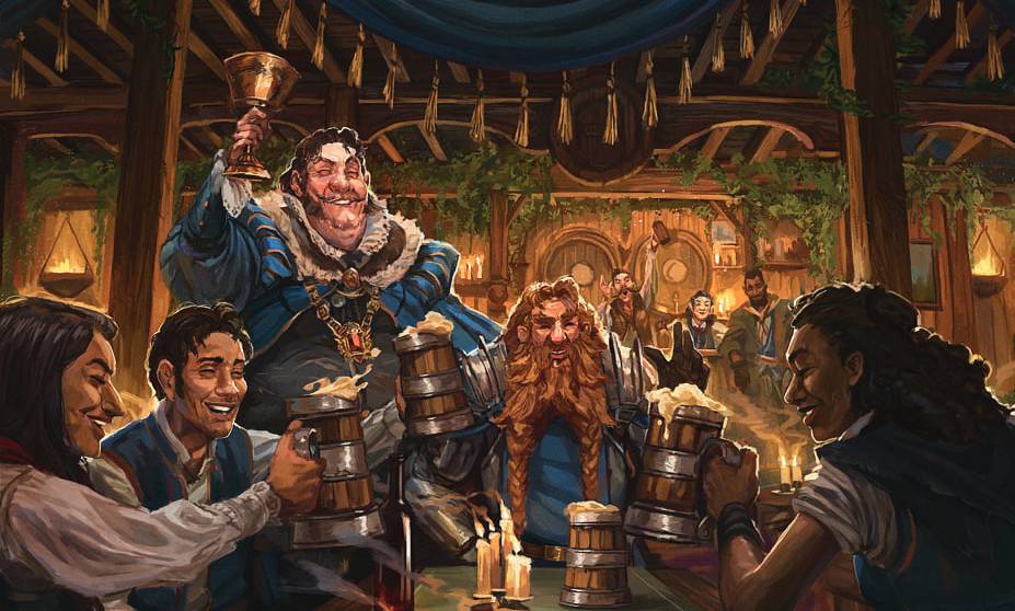 In a raucous tavern, an adventuring party cheers with mugs of ale