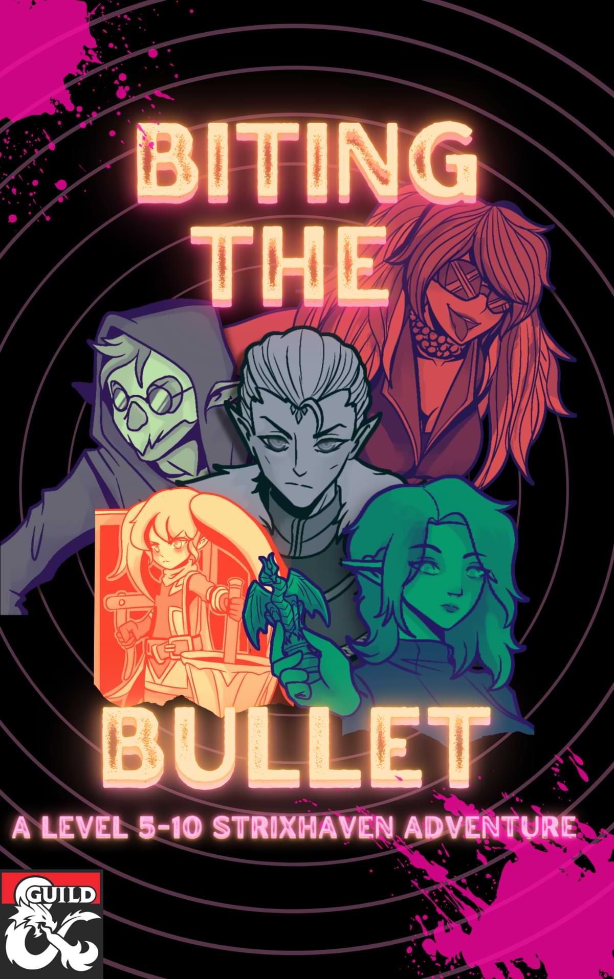 Cover reads, "Biting the Bullet." Magic school students with a retro flare decorate the cover.