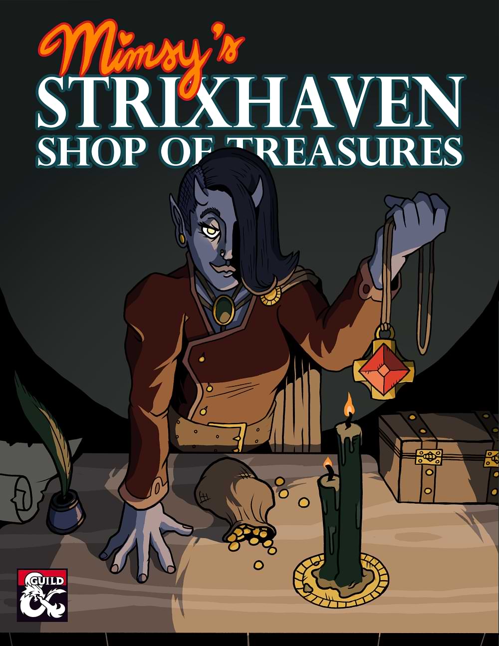 A female tiefling shopkeep offers up a red-jeweled amulet. Other treasures lie on a table in front of her. Cover reads, 