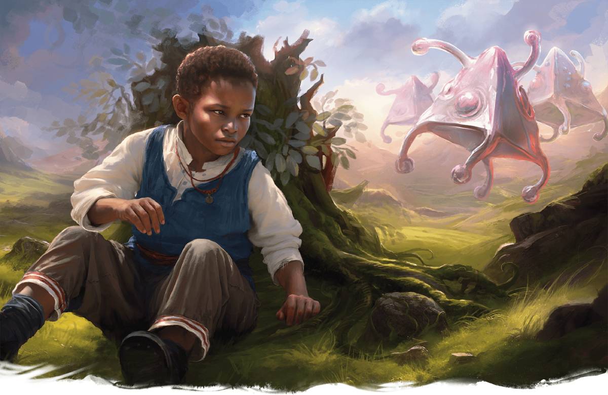 A child hiding behind a rock as encephalon gemmules run past