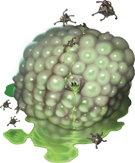 A brain with white and green pustules and gemmules bursting forth