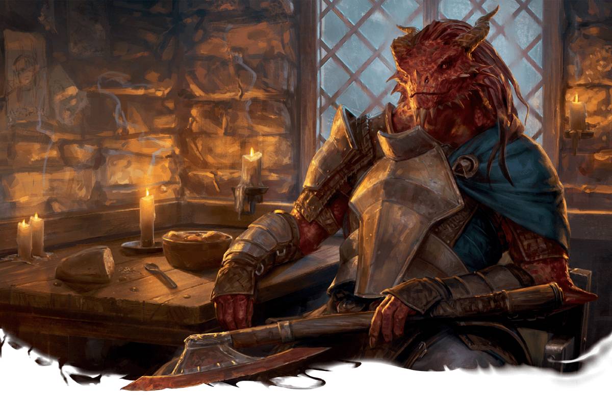 A red Dragonborn fighter sits in his armor at a inn's table with a battleaxe resting on his knee