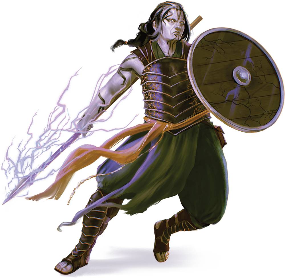 A goliath barbarian wields a spear crackling with lightning energy