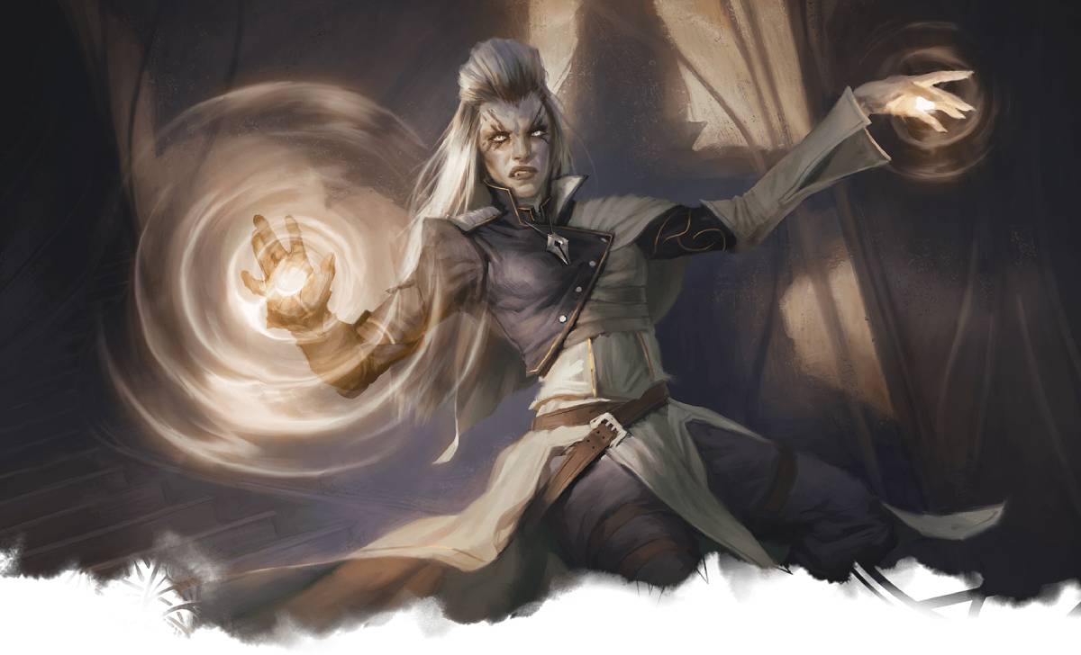 A warlock channels her patron's power as her hands glow with white light.