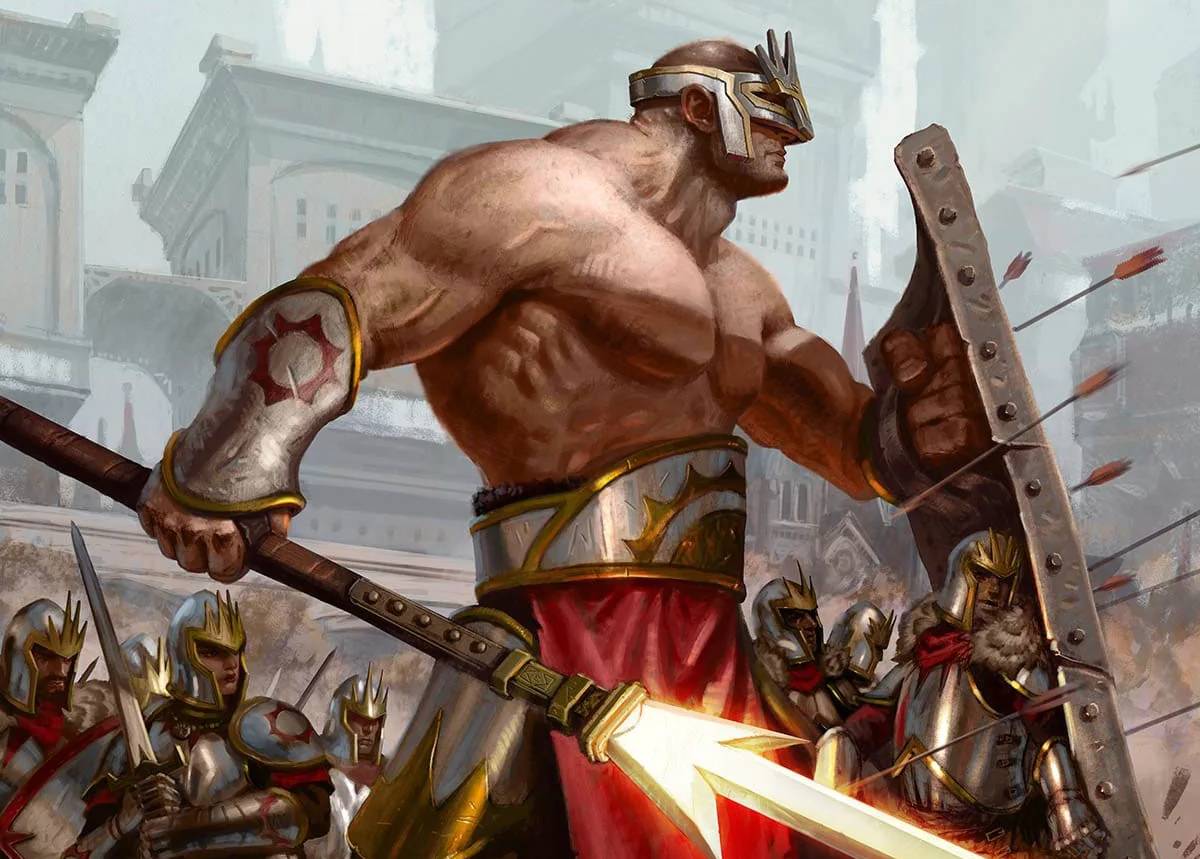 A paladin barbarian multiclass protects his comrades from arrow fire with a kite shield