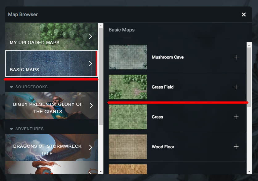 Screenshot of D&D Beyond Maps Map Browser Modal with the Grass Field under the Basic Map option.