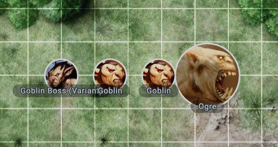 Screenshot of D&D Beyond Maps software with goblins and ogre tokens on the Grass Field map.