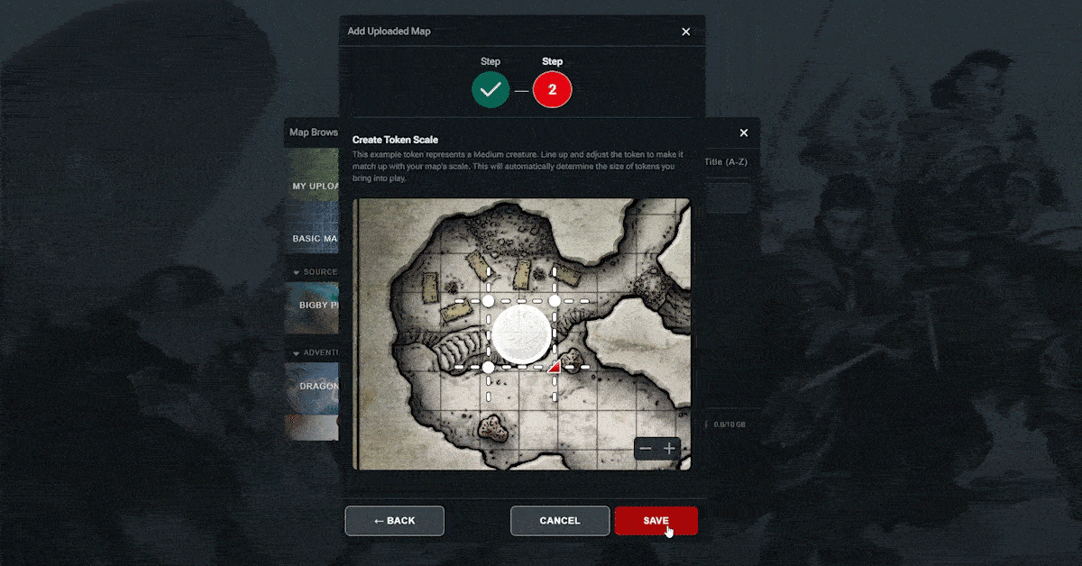 Gif of D&D Beyond Maps software upload functionality's second step. The modal contains a window to align the Maps software's grid with the grid of your uploaded maps.