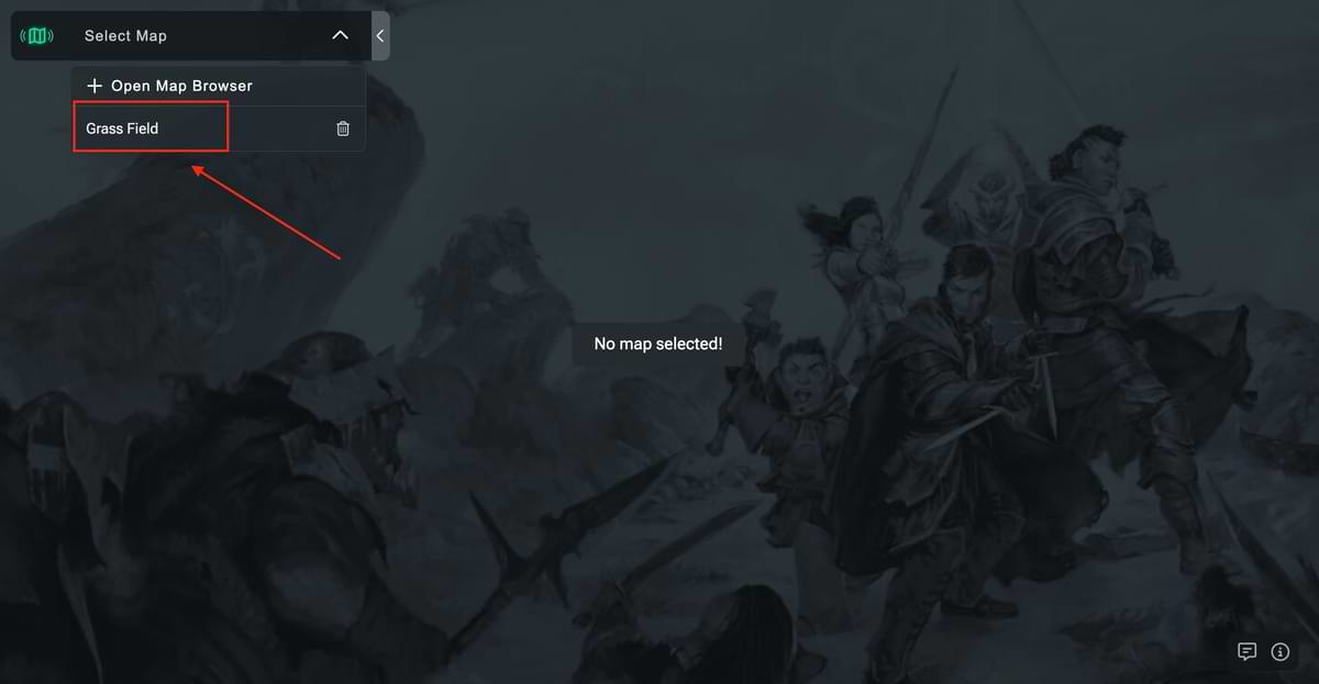 Screenshot of D&D Beyond Maps Map dropdown with the Grass Field option.