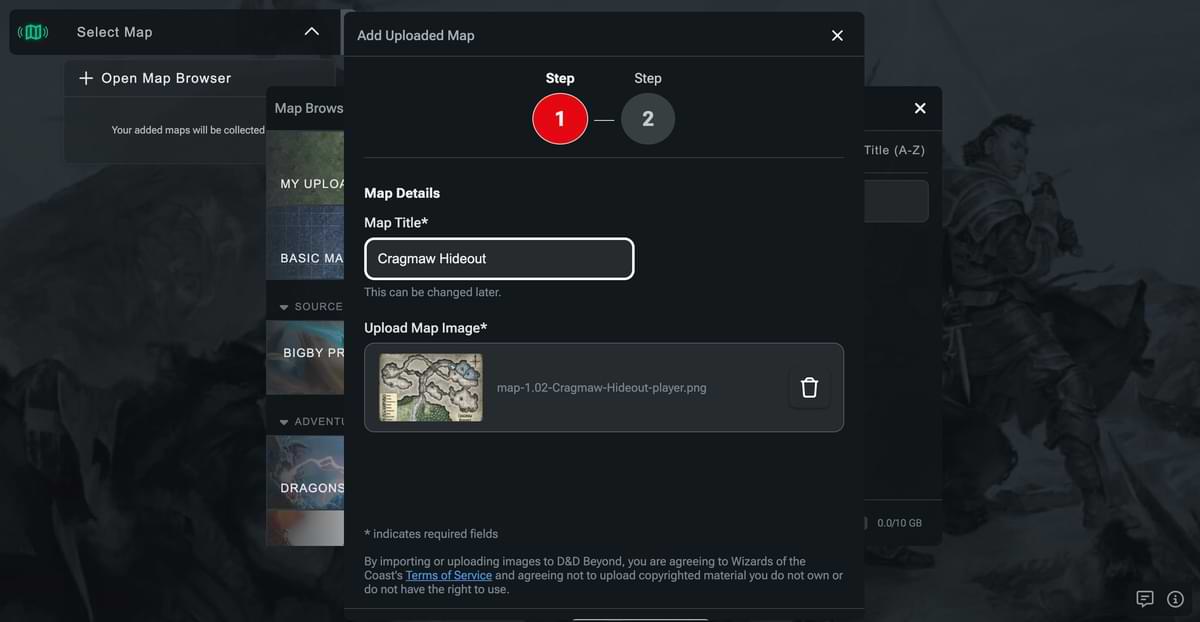 Screenshot of D&D Beyond step 1 of the upload a map feature filled out. The modal has fields for a map title and upload field.