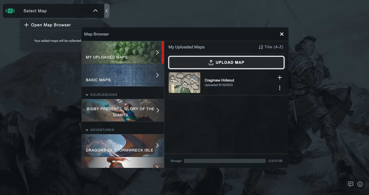Screenshot of D&D Beyond Maps software "My Uploaded Maps" modal with the previously uploaded map now visible.