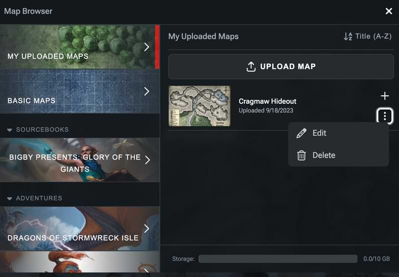 Screenshot of D&D Beyond Maps software's Upload a Map modal displaying the "Edit" and "Delete" options.