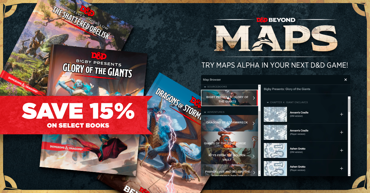 An image showing the covers for various D&D books. The text reads, "D&D Beyond Maps. Try Maps Alpha in your next D&D game."