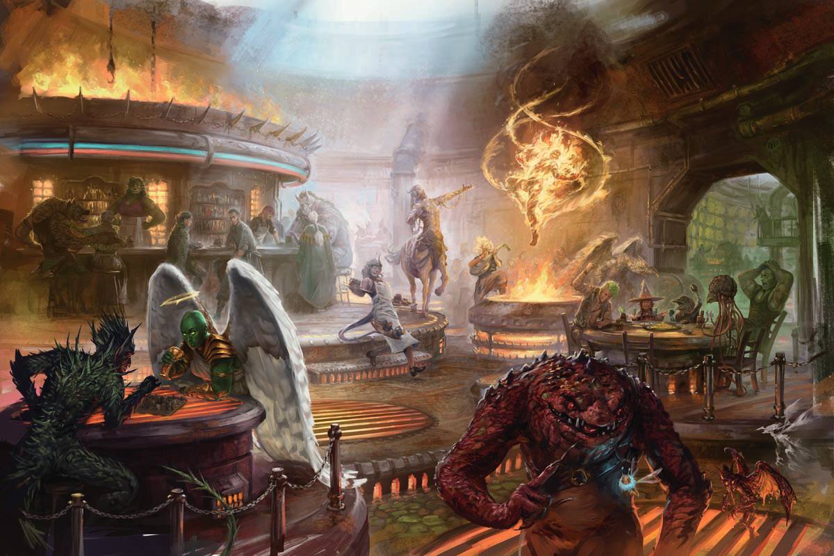 A raucous tavern scene featuring elementals, slaads, and a planetar arm-wrestling a spike demon.