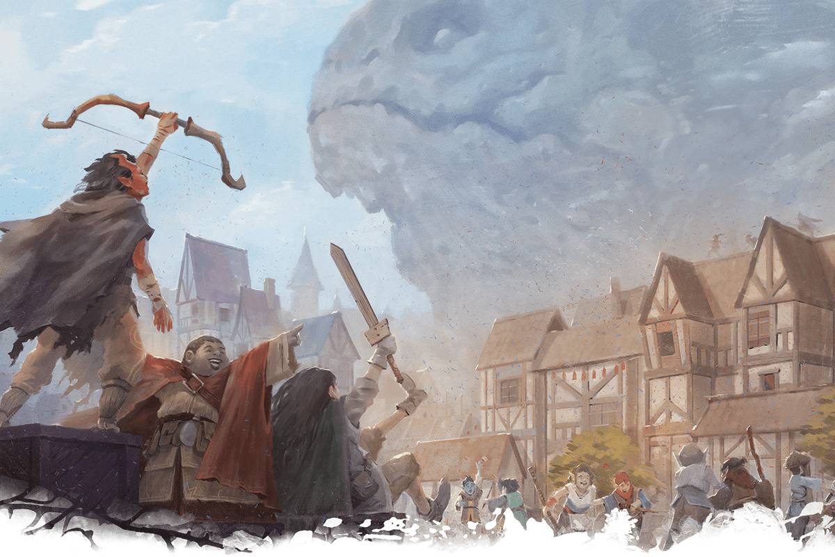 Children play heroes in a town square.