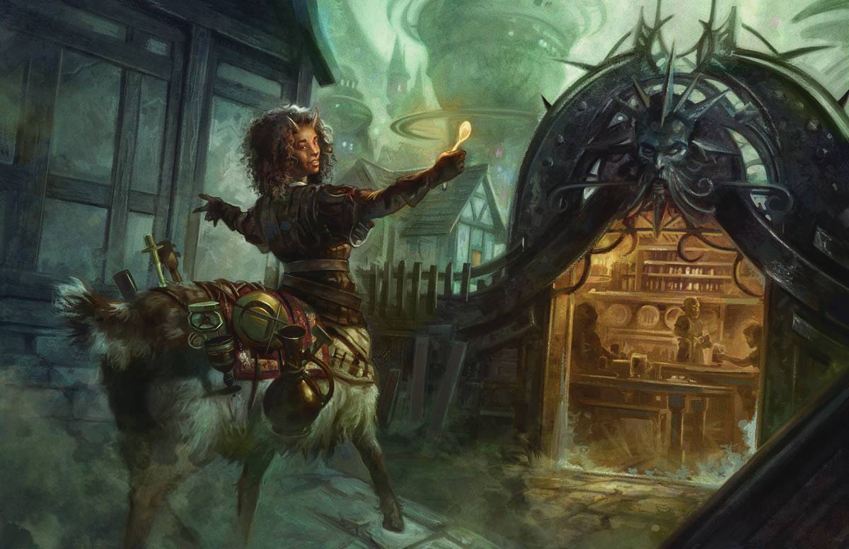 A centaur native to Sigil conjures a portal to a cozy-looking tavern