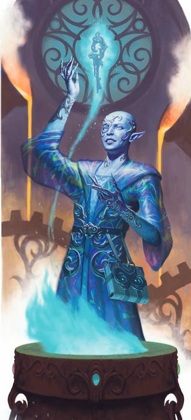 A bald, blue-skinned wizard conjures a key using planar magic