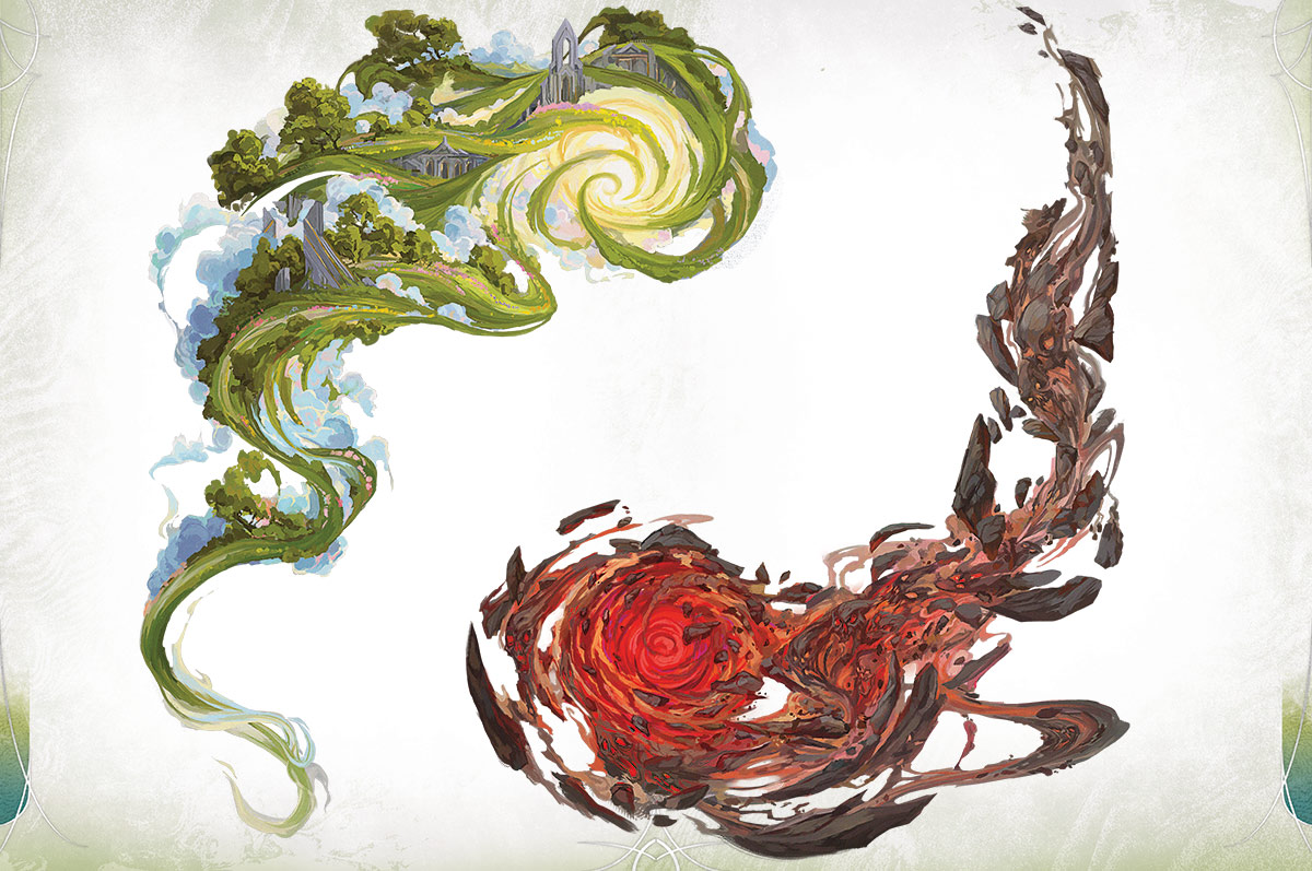 A green and gold planar incarnate of Arcadia and red and black planar incarnate of Pandemonium swirl around each other.