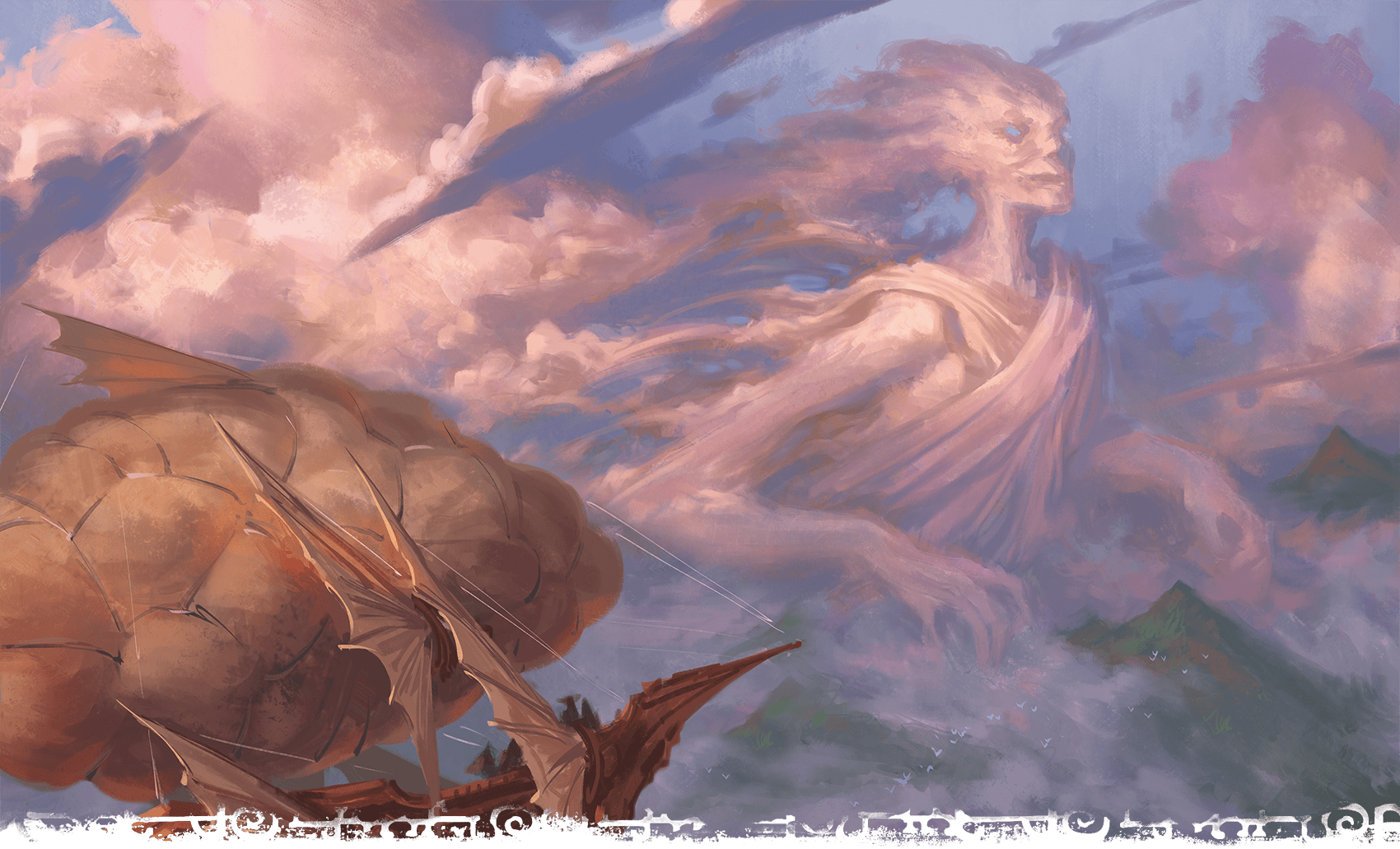 A planar incarnate shaped like a cloud flies through the skies.