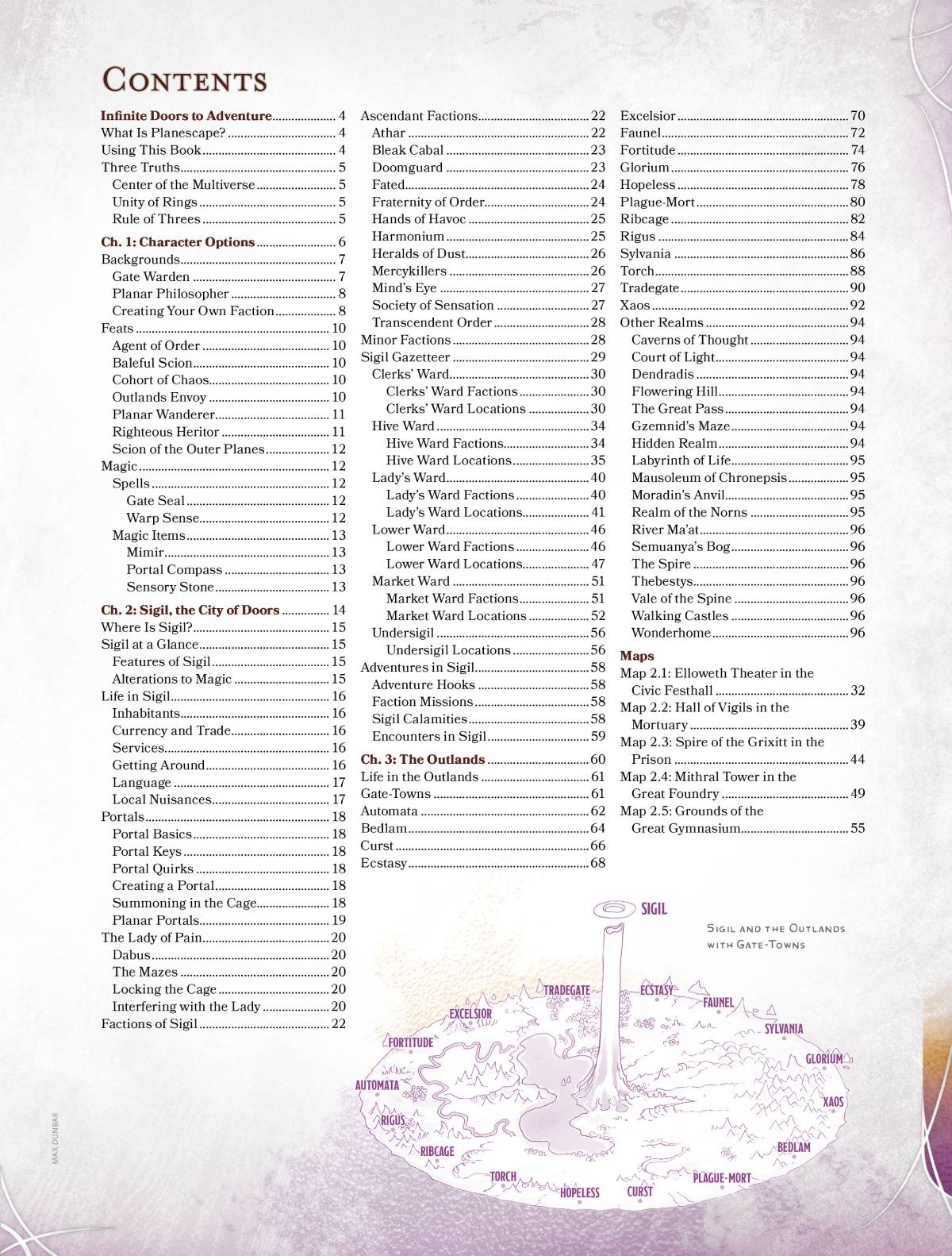 A screenshot of the table of contents for Sigil and the Outlands
