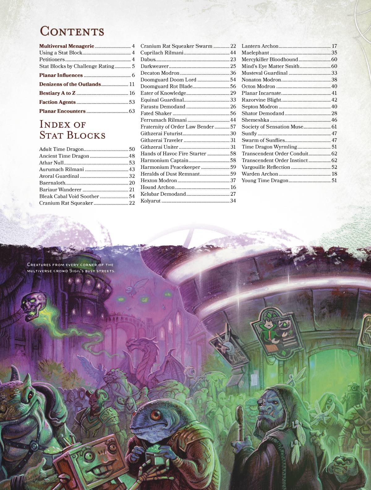 A screenshot for the table of contents for Morte's Planar Parade