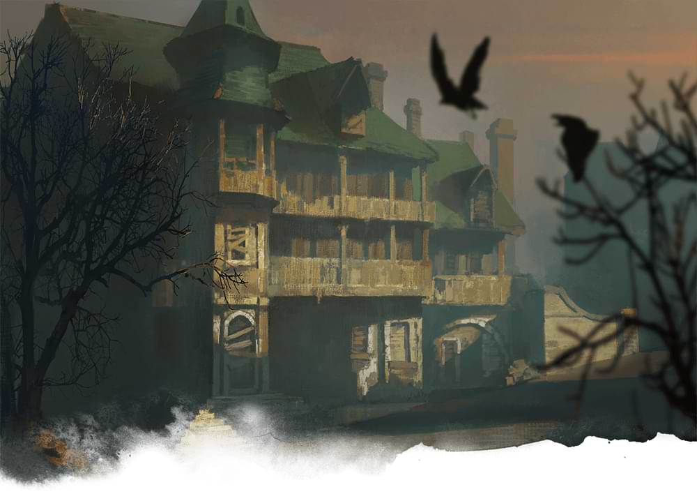 A dilapidated manor on an empty street in Waterdeep
