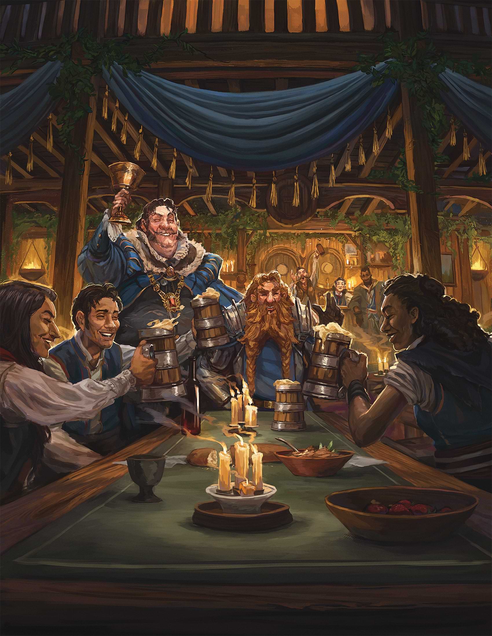 Patrons of a tavern cheerily raise their drinks