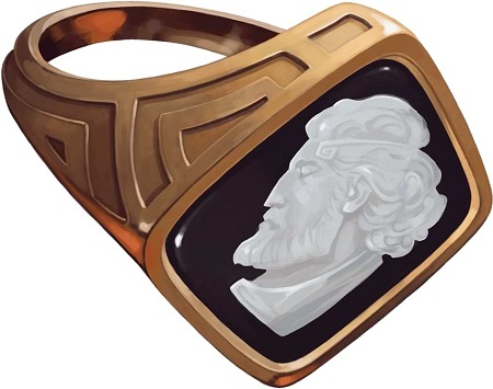 A gold ring has a white stone with a man's head
