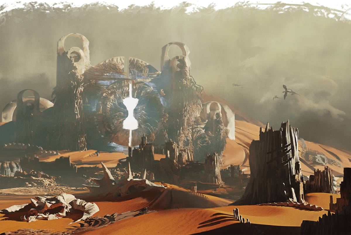 Time dragons fly around the ruins of an ancient temple in the desert