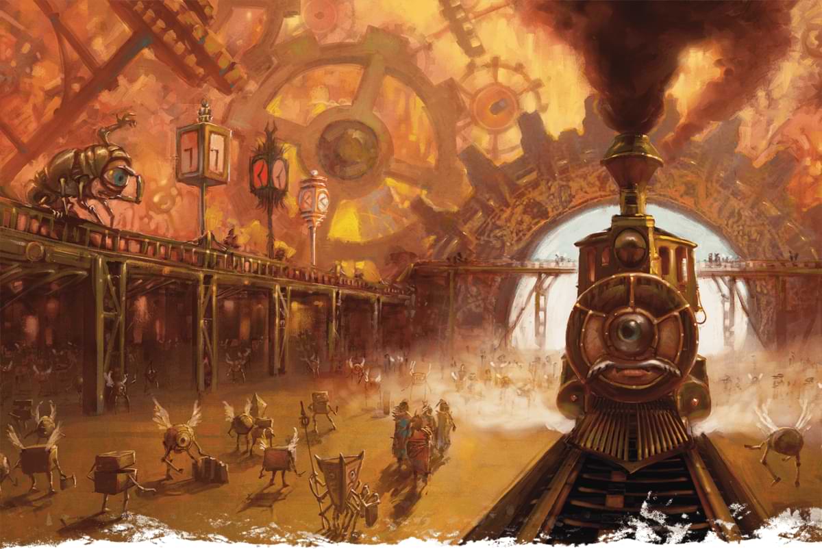 A modron train pulls into a station with awaiting modron passengers