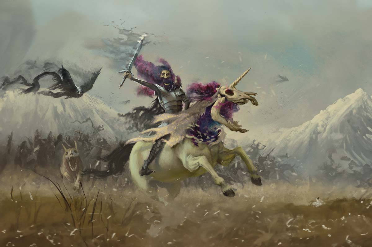 A skeletal rider on a horse leads an army of undead