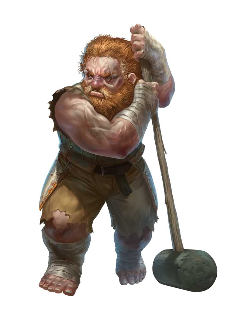 A bearded dwarf in tattered clothing leans on a weathered mallet