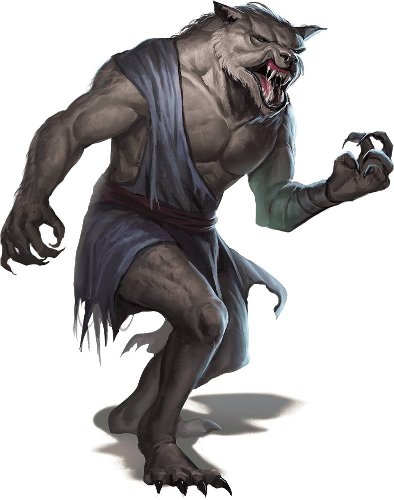 A snarling wolf-human hybrid stands on its hind legs and brandishes sharp claws
