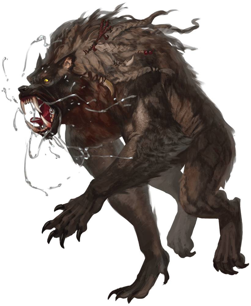 A snarling loup garou brandishes its claws