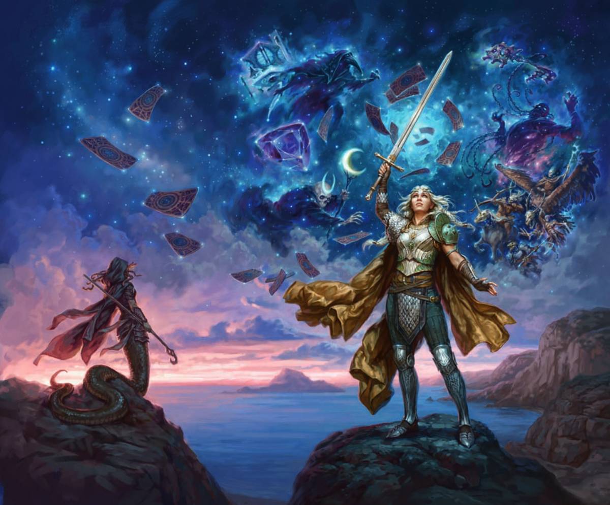 Asteria stands in her armor, holding her sword aloft as cards from the Deck of Many Things swirl in the cosmos.