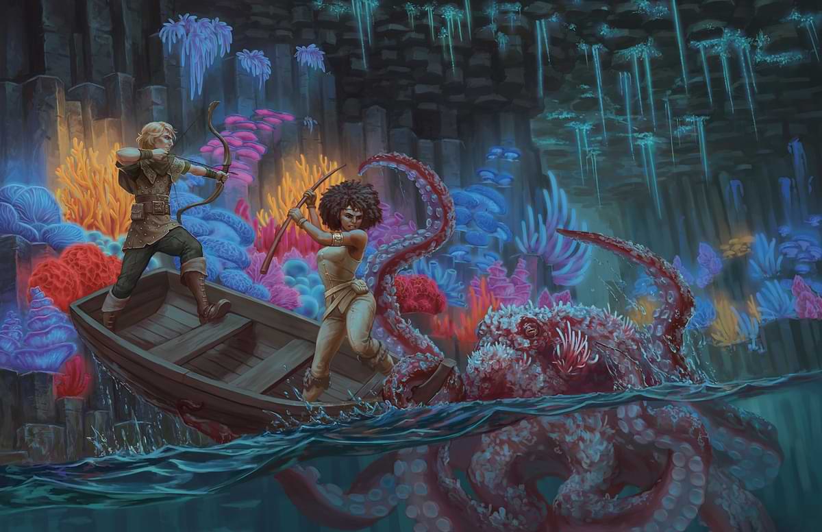 The party battles an octopus covered in fungi in a flooded tunnel