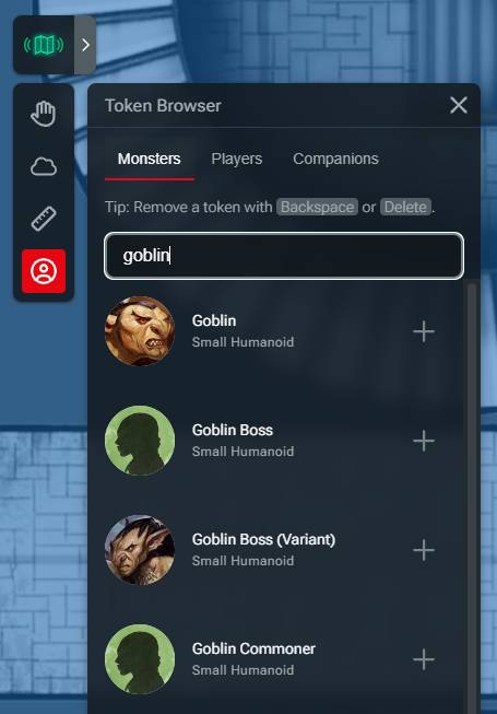 Screenshot of D&D Beyond Maps Token Browser modal with "Goblin" in the search bar.