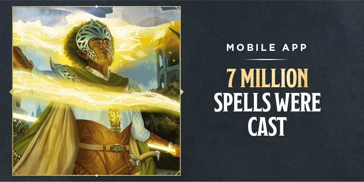 Grey slate background. Title of image reads, "Mobile App." Text beside a cleric casting a spell reads, "7 million spells were cast."