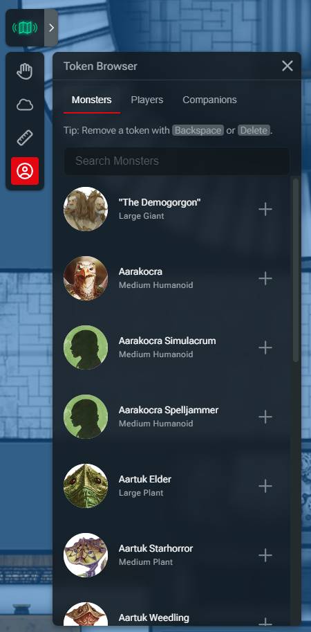 Screenshot of D&D Beyond Maps Token Browser modal.