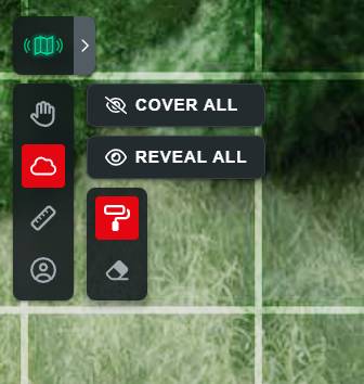 Screenshot of D&D Beyond Maps Fog of War tool. There are buttons to "Cover All," "Reveal All," and a paintbrush and eraser icon.