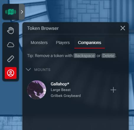 Screenshot of D&D Beyond Maps Token Browser modal on the Companion tab