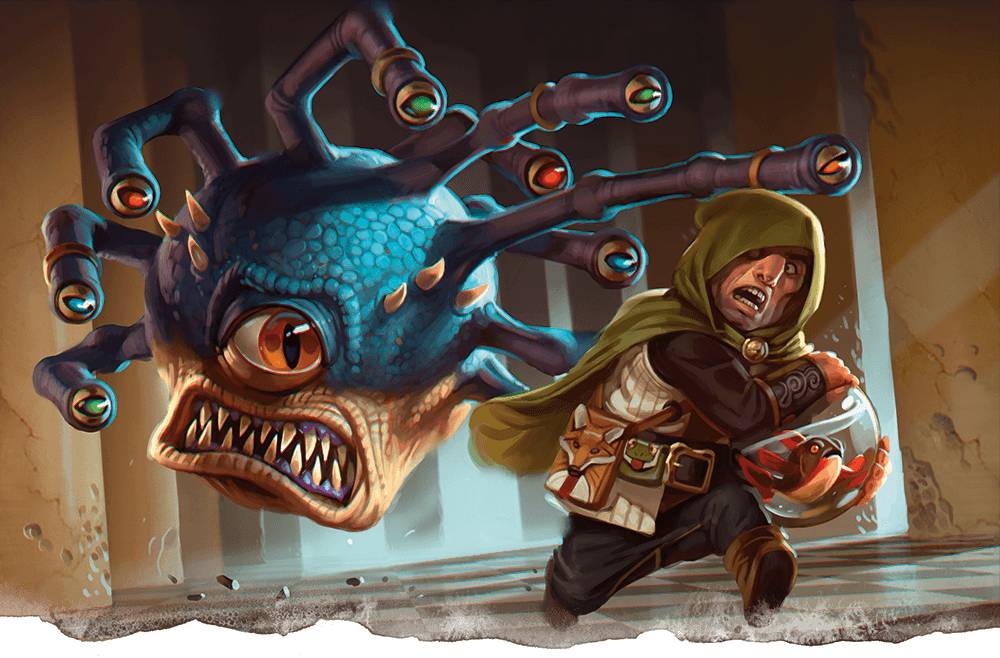 A beholder lunches at a halfling rogue holding a goldfish in a bowl of water.