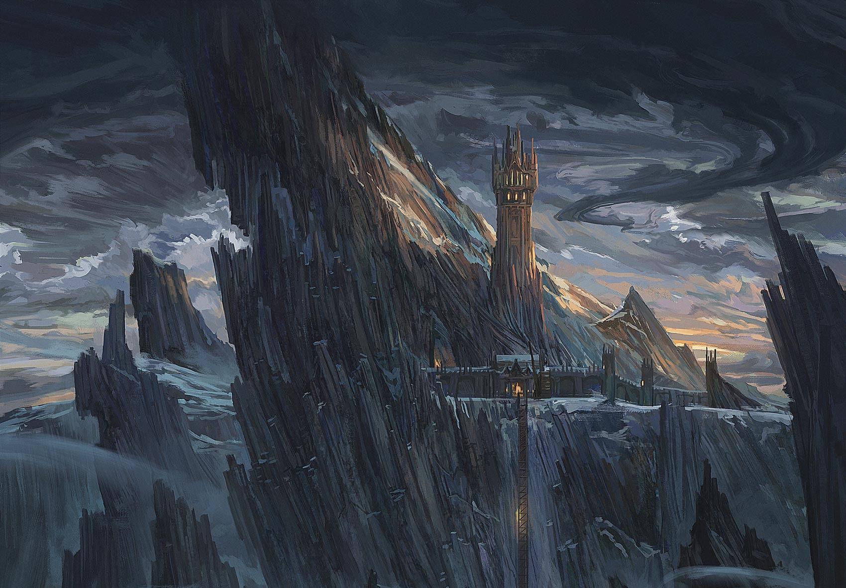 A keep made of stone stands among stone peaks and snow.