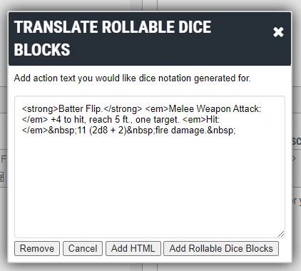 HTML added to the auto add rollable dice blocks feature.
