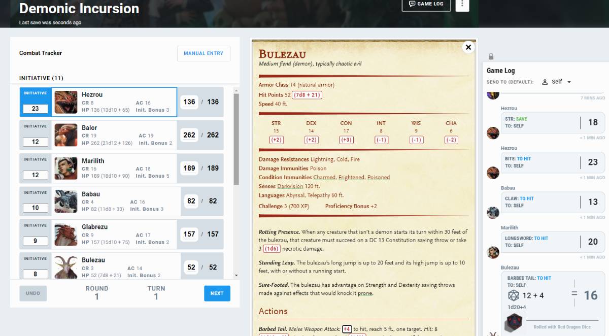 A screenshot of the D&D Beyond initiative tracker tool.